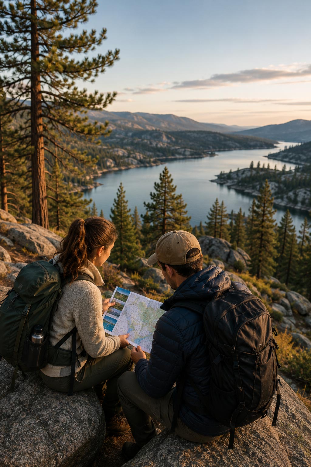 Two hikers sitting on a rocky granite ledge reading a trail map above a scenic mountain lake surrounded by pine trees at sunset.