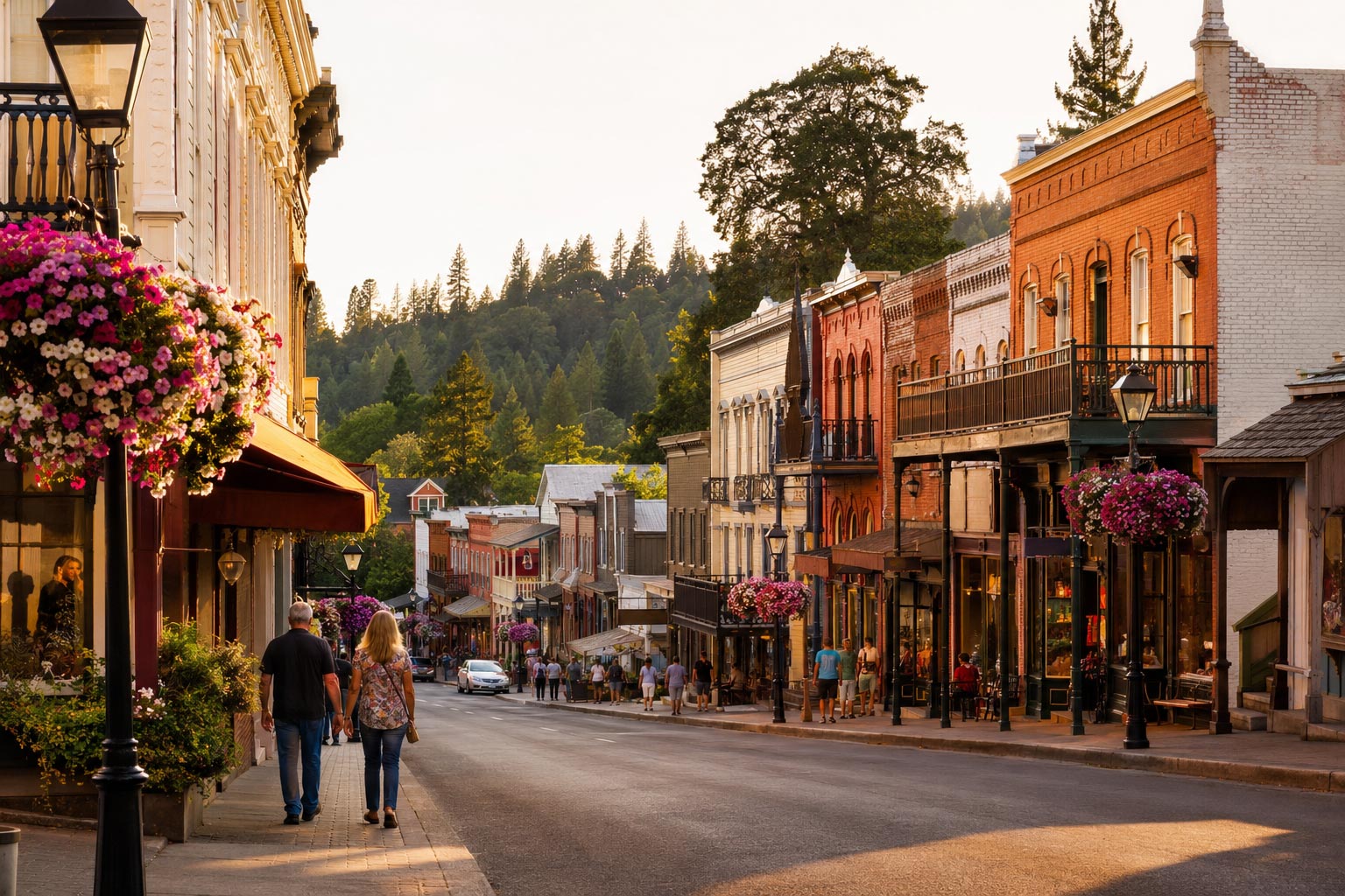A couple strolling down the sidewalk of a historic main street lined with Victorian-era storefronts and colorful hanging flower baskets at sunset.