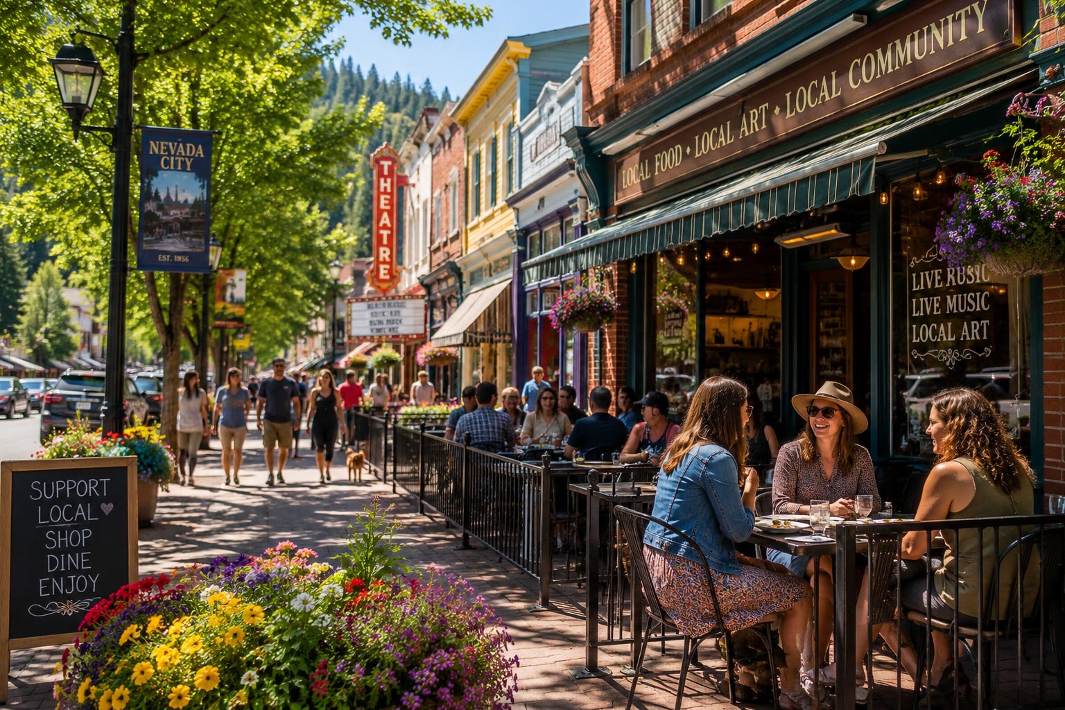 People enjoying outdoor patio dining along a bustling historic main street lined with colorful shops and a vintage theater marquee.