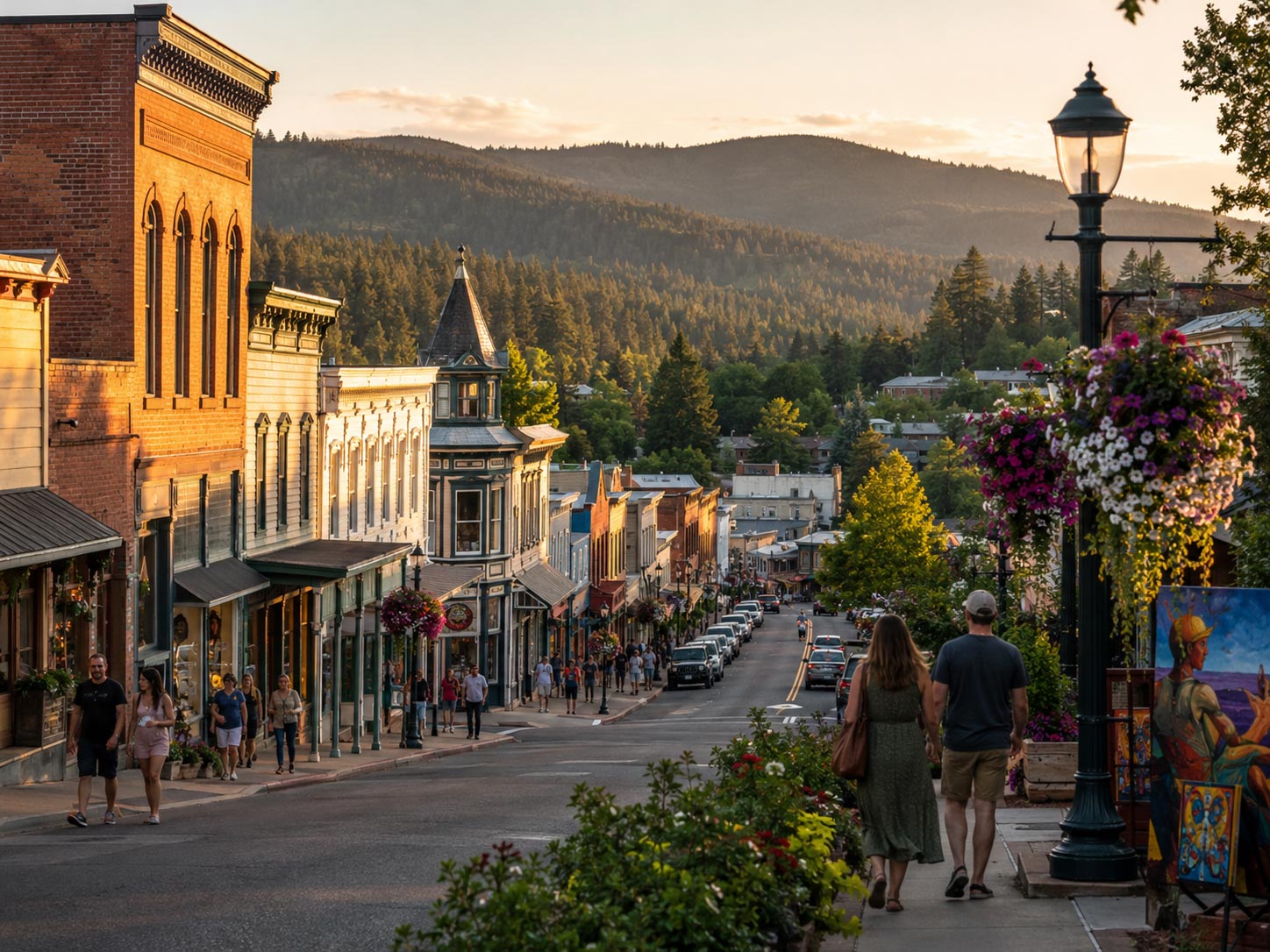 People walking down the sidewalk of a historic main street in a mountain town illuminated by warm sunset light.
