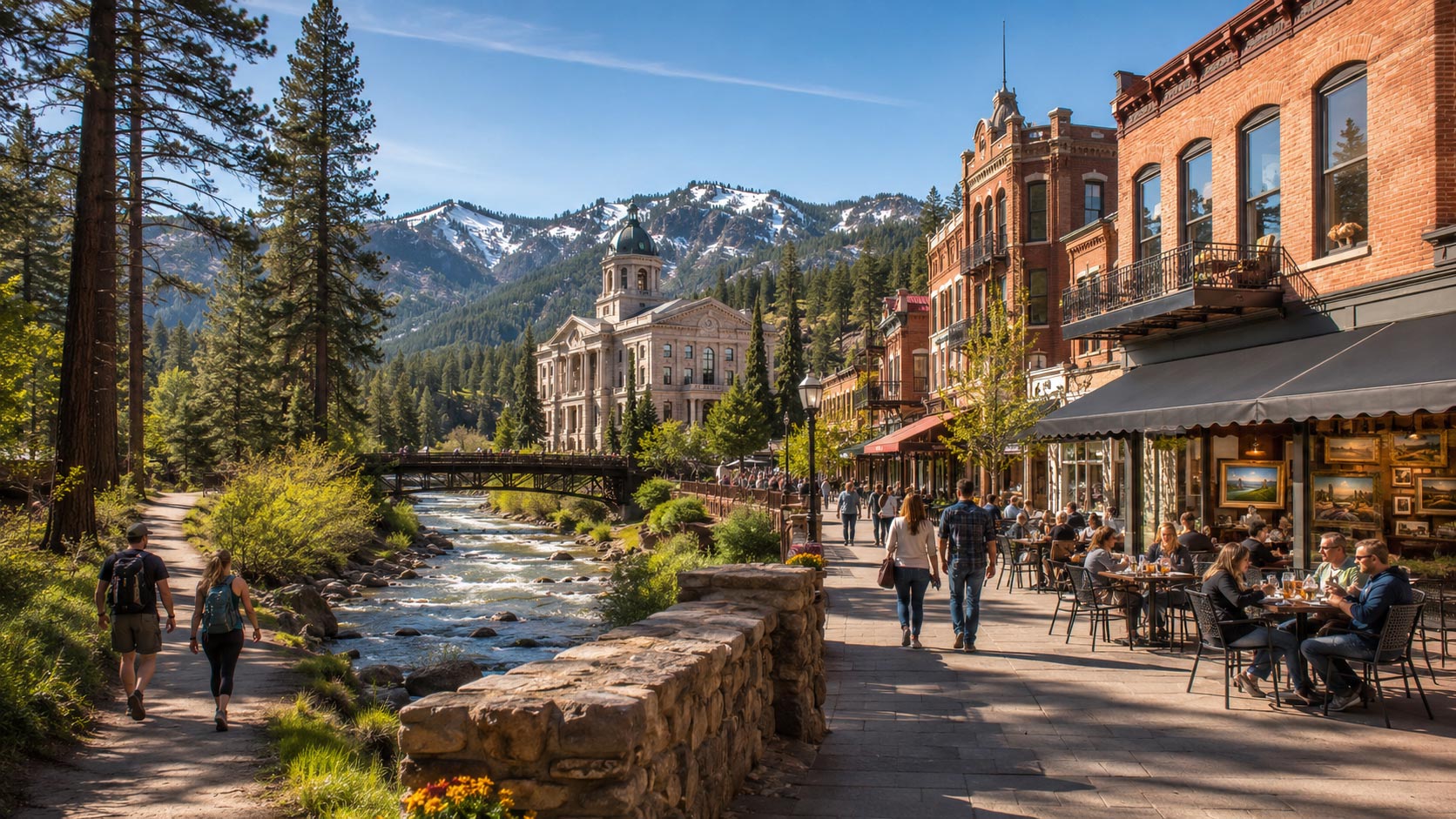 People enjoying outdoor patio dining along a bustling riverwalk in a historic mountain town, with a grand domed courthouse and snow-capped peaks in the distance.