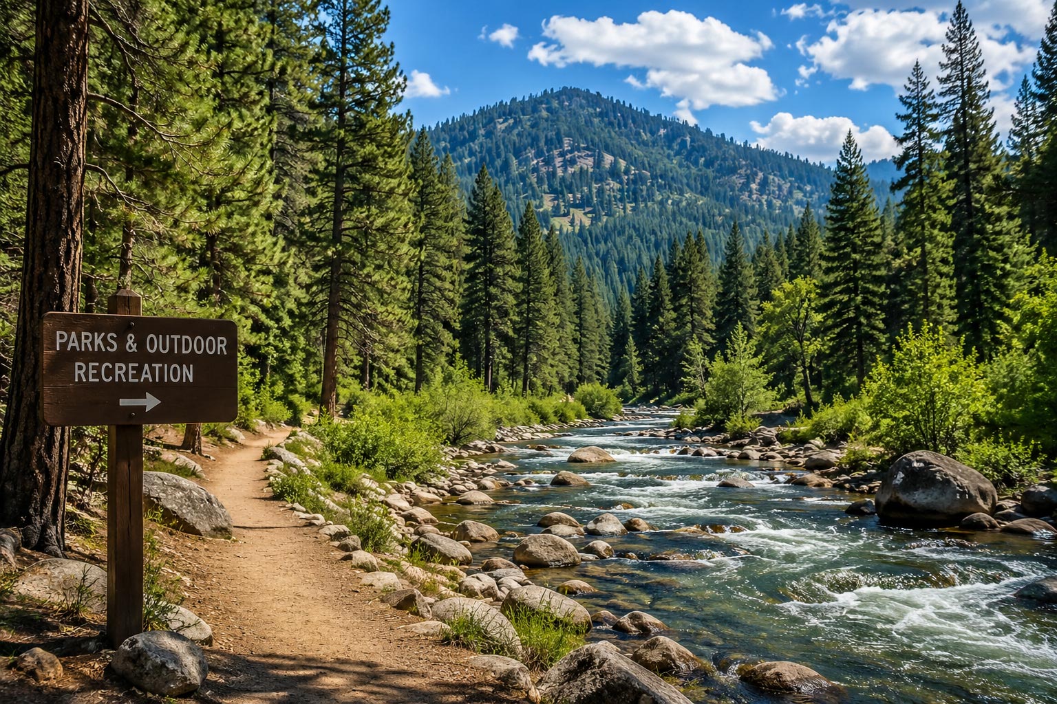 A dirt hiking trail alongside a rushing mountain river with a wooden sign reading "PARKS & OUTDOOR RECREATION" pointing down the path.