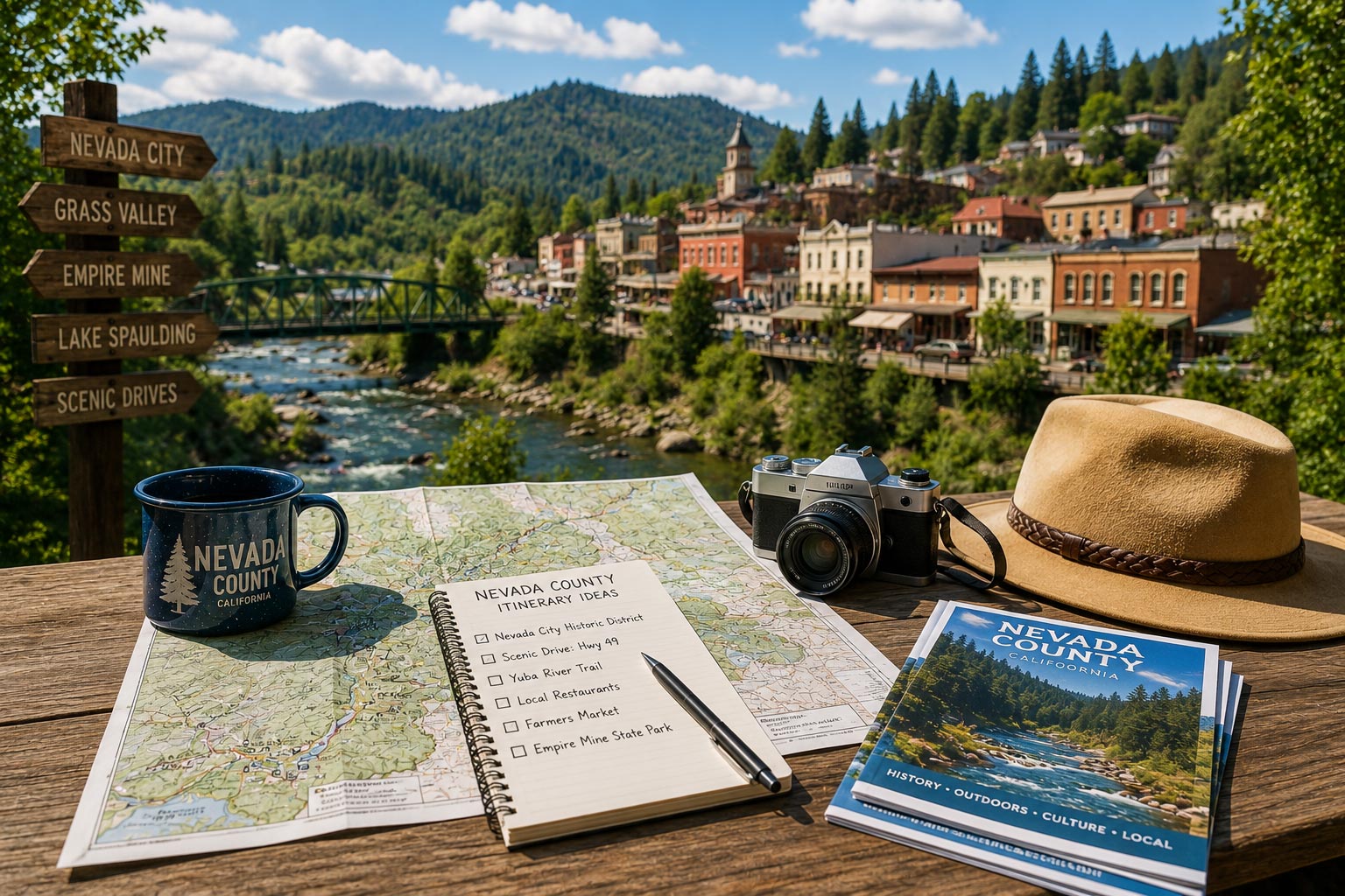 A wooden table flat lay featuring a travel map, itinerary notebook, camera, mug, and guidebook overlooking a scenic river and historic mountain town.