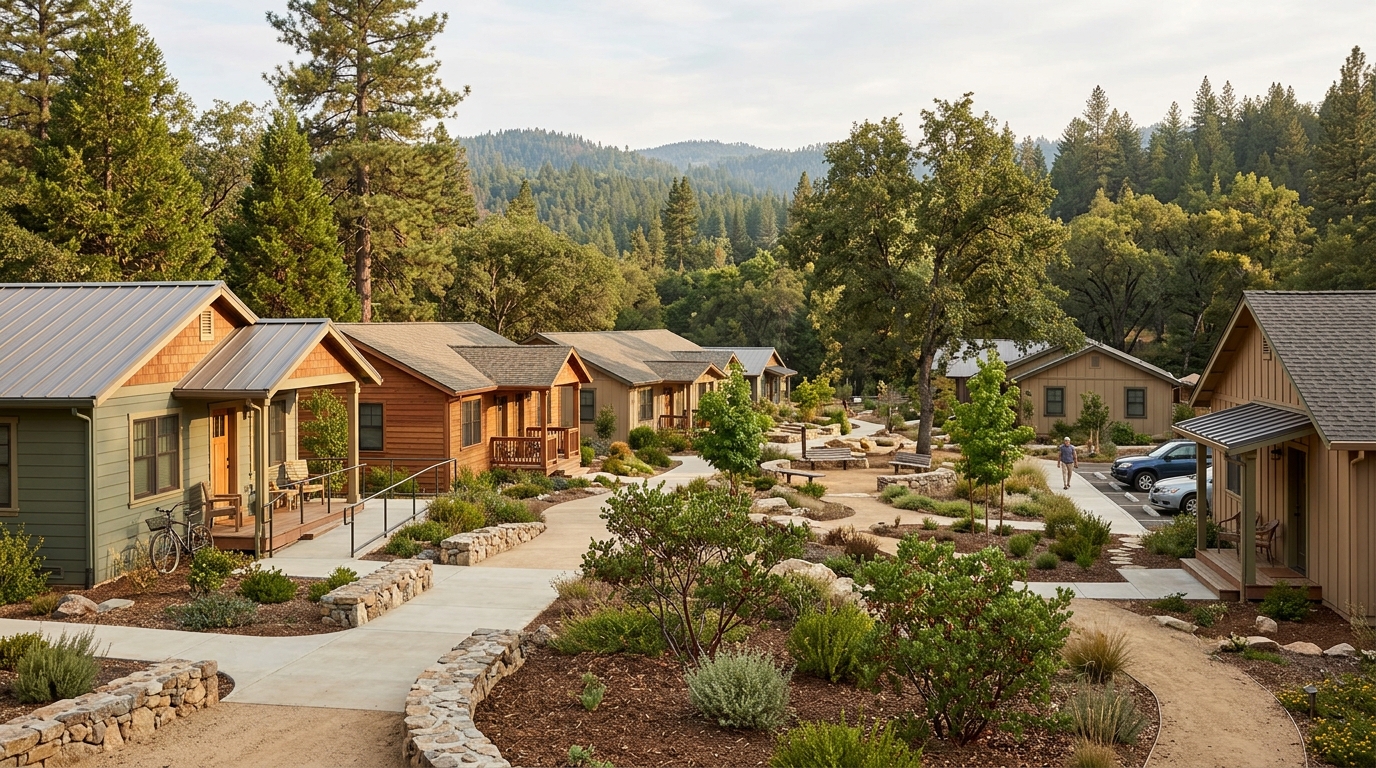 Conceptual affordable housing and senior-friendly residential options in Nevada County California